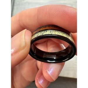 Tungsten Black‎ Carbide Wedding Band Whiskey Barrel Wood & Antler Inlay Size 12